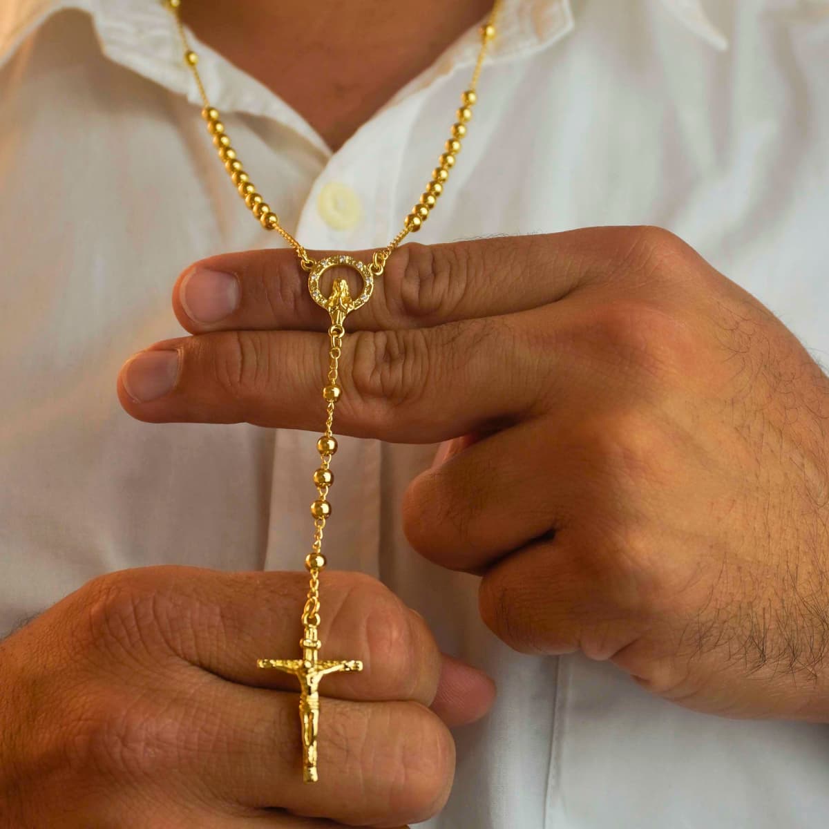 Rosario para Hombre 65 cm Balines 4 mm Cristal Oro Laminado 18K | OM JOYERÍA