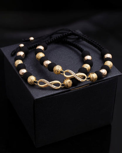 Manillas de pareja con herraje infinito, balines lisos y diamantados  de 6mm de Oro Laminado 18k