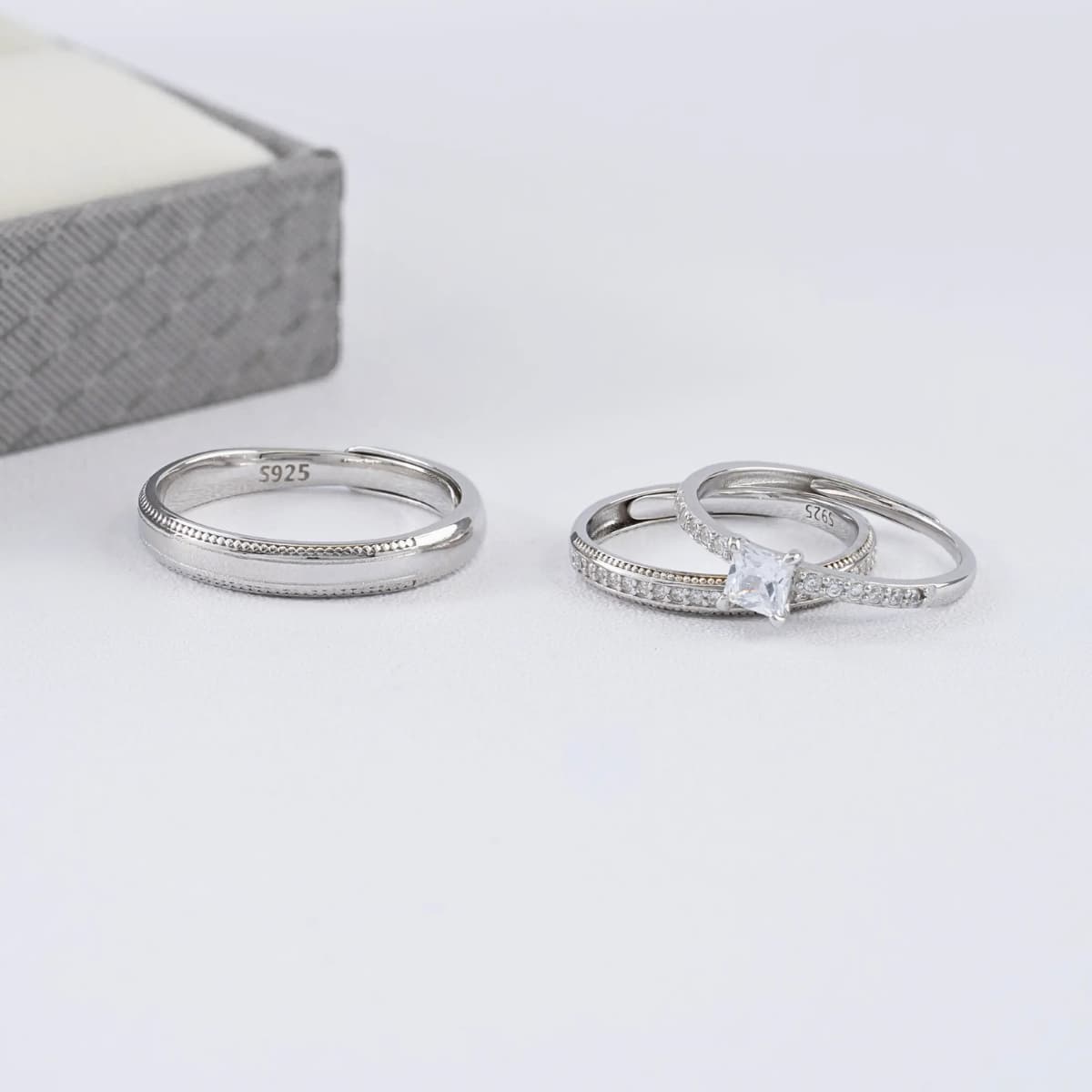 Argollas Diamond Eternity ajustables set pareja Plata Ley 925