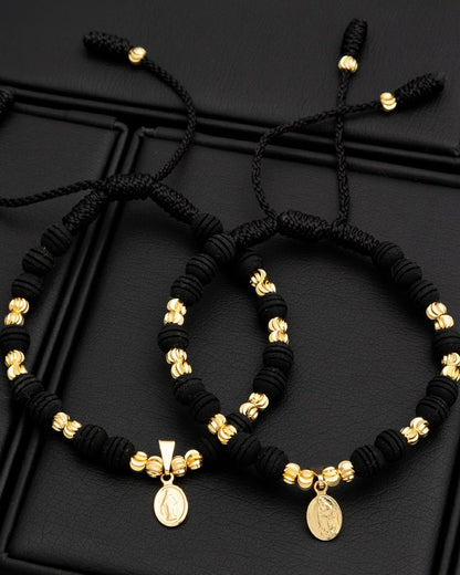 Manillas de pareja con dije virgen y balines italianos de 4mm de Oro Laminado 18k