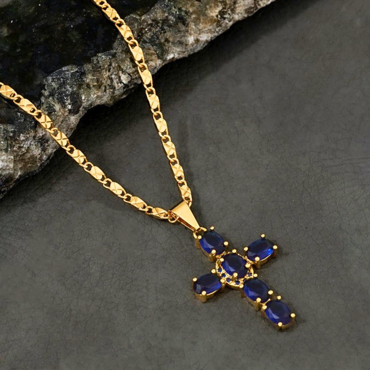 Dije Blue Brightness Cruz Zafiro Oro Laminado 18K - Con cadena
