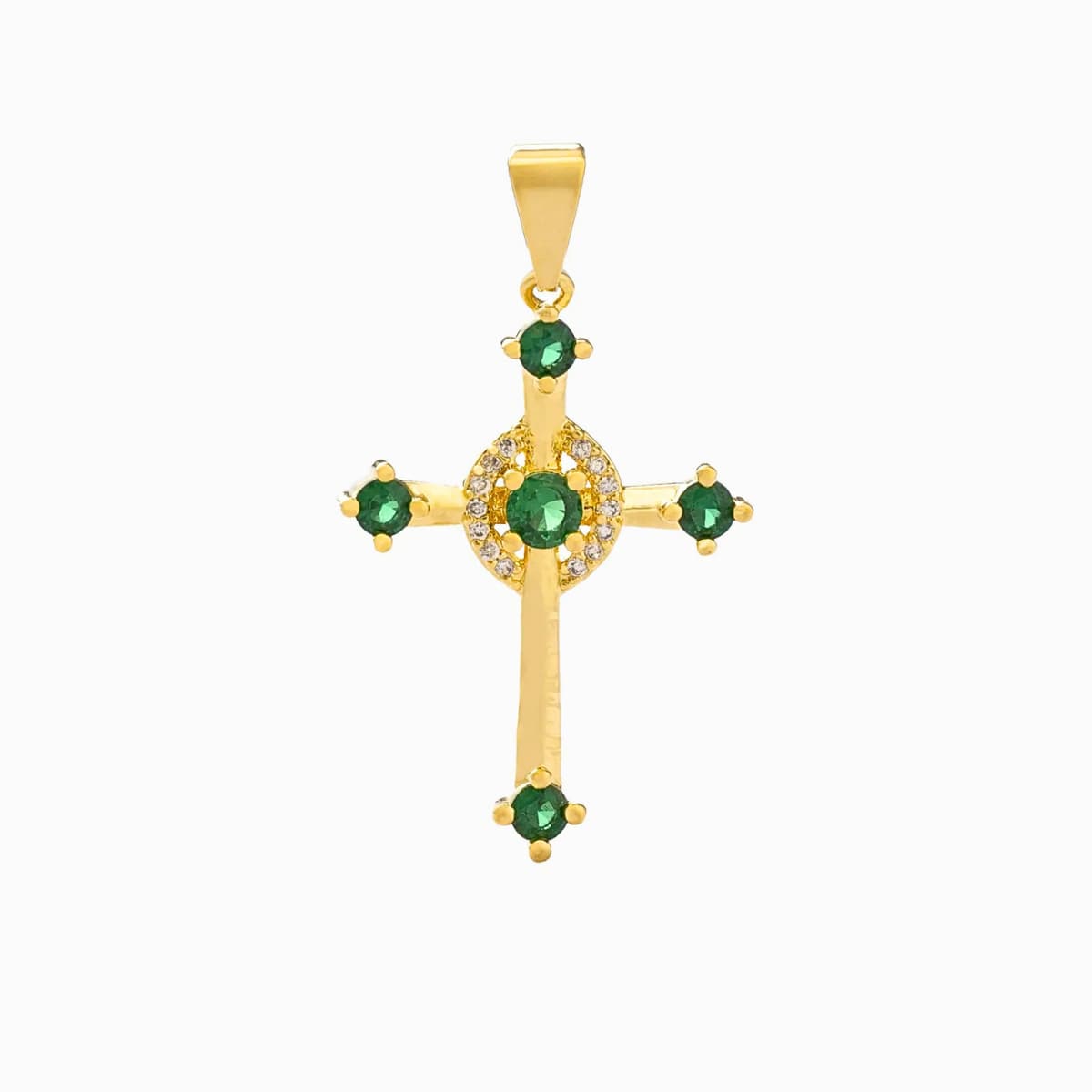 Dije Cruz Verde Esmeraldas Oro Laminado 18K - Vista frontal