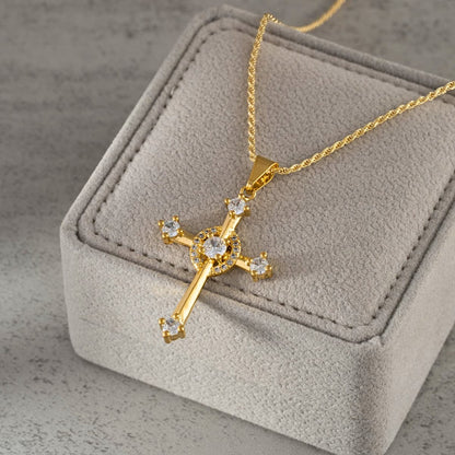 Dije Cruz Cristal Piedras Oro Laminado 18K - Con cadena