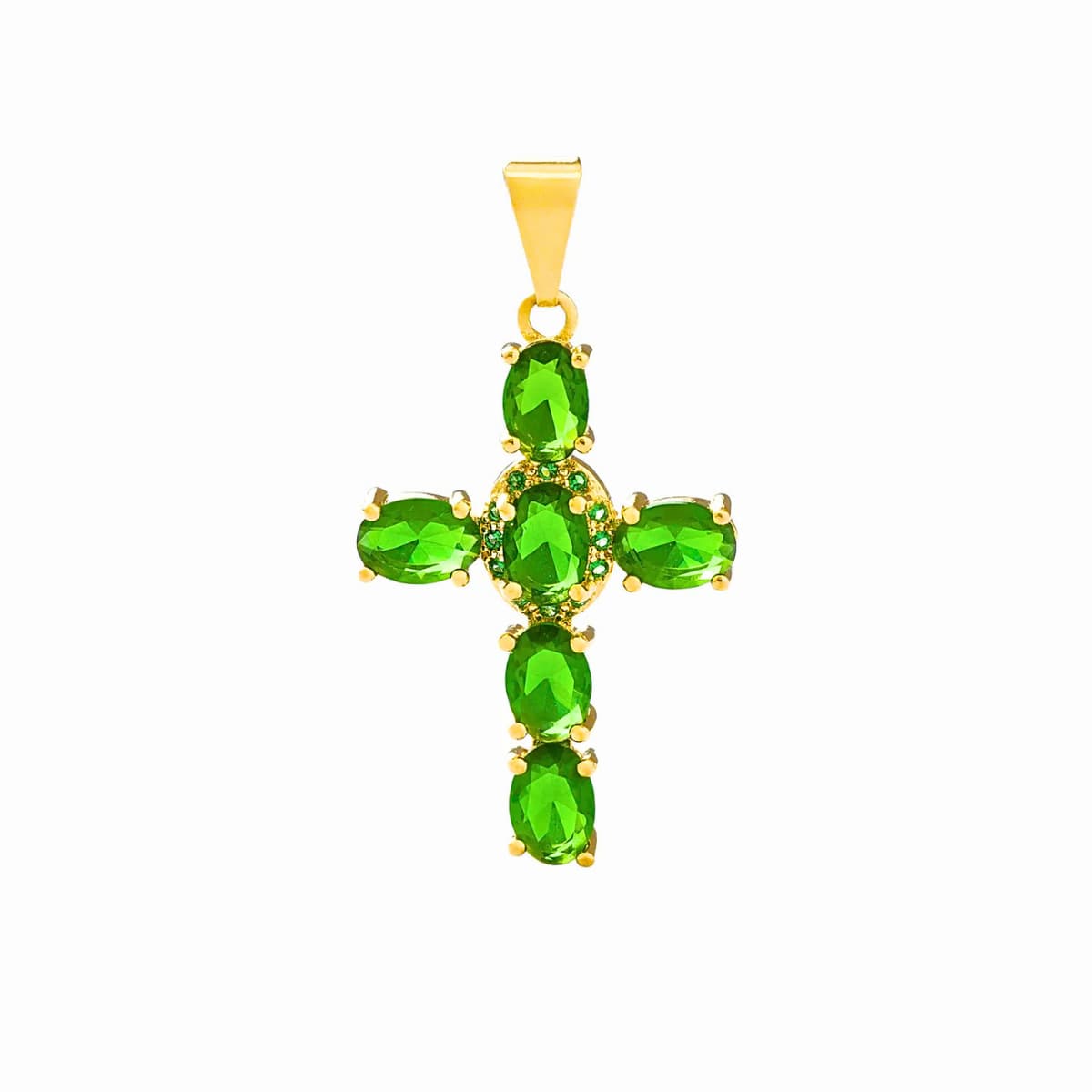 Dije Green Brightness Cruz Esmeraldas Oro Laminado 18K - Vista frontal