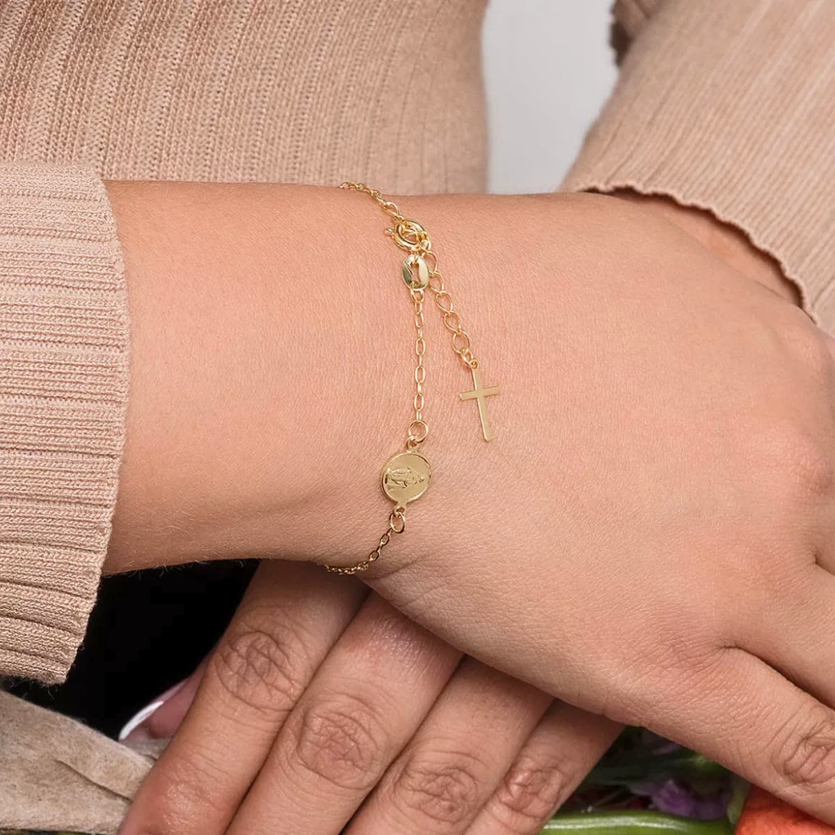 Pulsera Virgen Milagrosa 16.5 cm Extensor Oro Laminado 18K Mujer