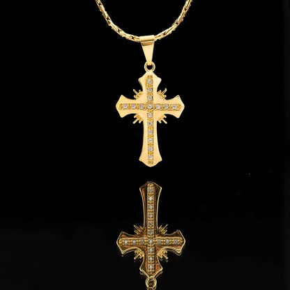 Dije Cruz Sagrada con Circonias Cristal Oro Laminado 18K | OM JOYERÍA
